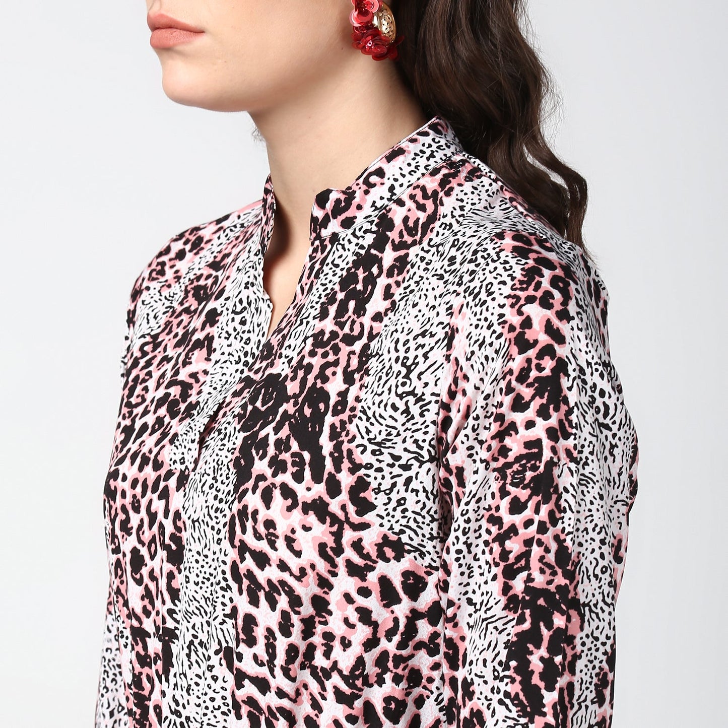 Women's Pink and Black Animal Print Dress with Bell Sleeves