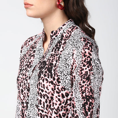 Women's Pink and Black Animal Print Dress with Bell Sleeves