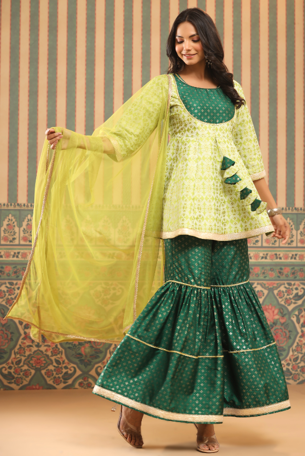 Women's Green Shantoon Slub Foil Printed Kurta, Sharara & Dupatta Set.