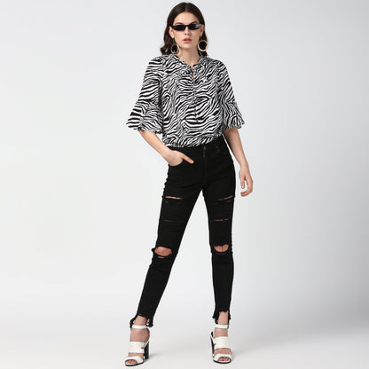 Women's Zebra Print Bell Sleeves Top