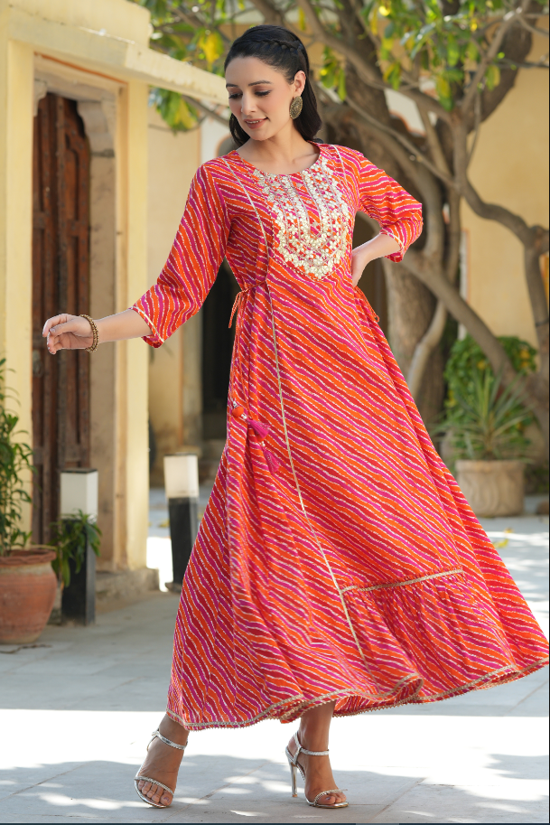 Women's Multi Cambric Printed Embroidered Flared Dress