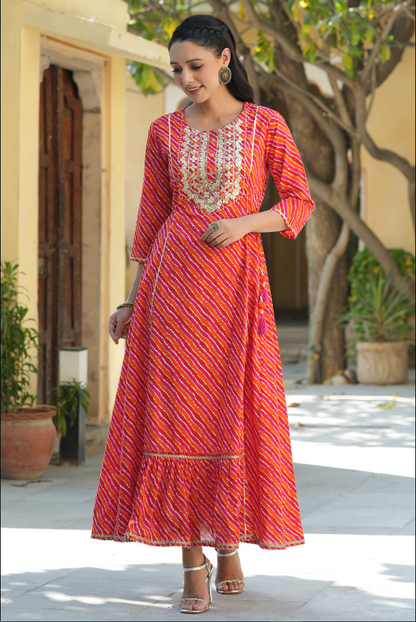 Women's Multi Cambric Printed Embroidered Flared Dress