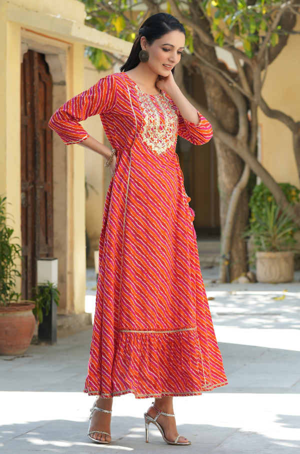 Women's Multi Cambric Printed Embroidered Flared Dress