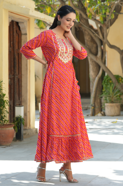 Women's Multi Cambric Printed Embroidered Flared Dress