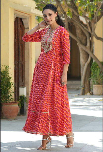 Women's Multi Cambric Printed Embroidered Flared Dress