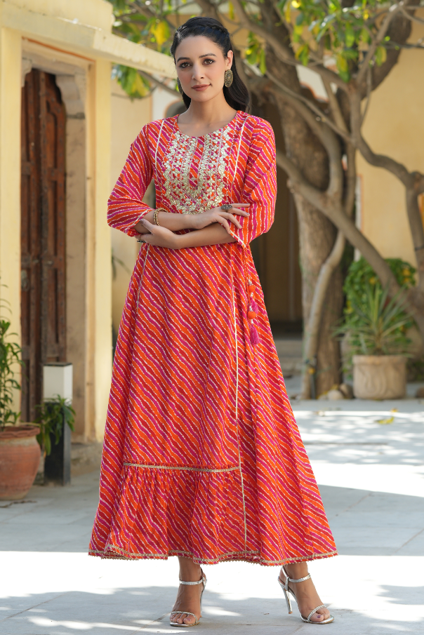 Women's Multi Cambric Printed Embroidered Flared Dress