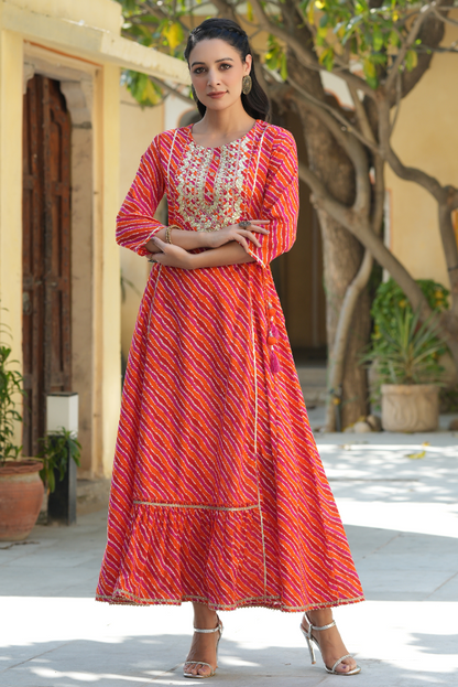 Women's Multi Cambric Printed Embroidered Flared Dress