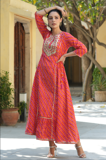 Women's Multi Cambric Printed Embroidered Flared Dress