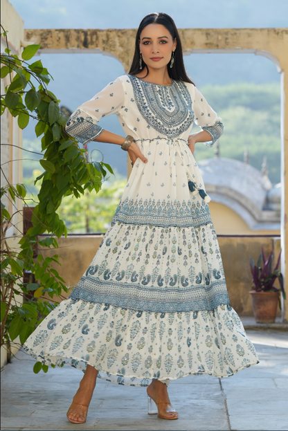 Women's Off-White Georgette Printed Embroidered Flared Dress