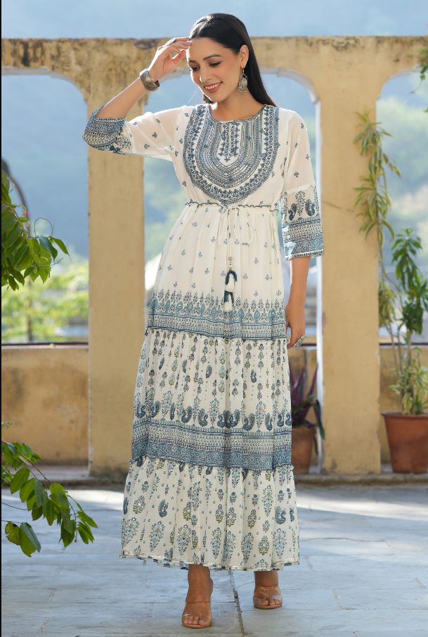 Women's Off-White Georgette Printed Embroidered Flared Dress