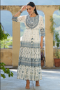 Women's Off-White Georgette Printed Embroidered Flared Dress