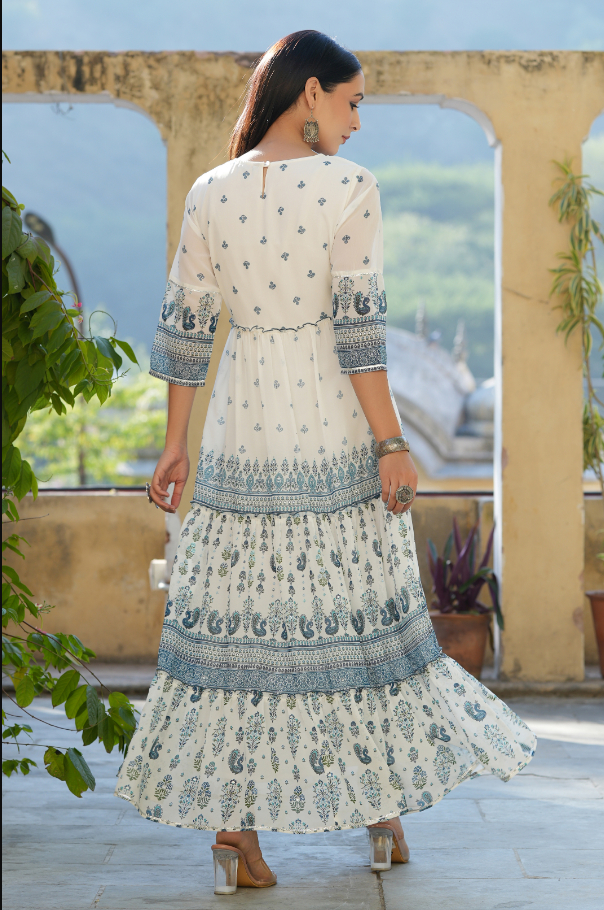 Women's Off-White Georgette Printed Embroidered Flared Dress