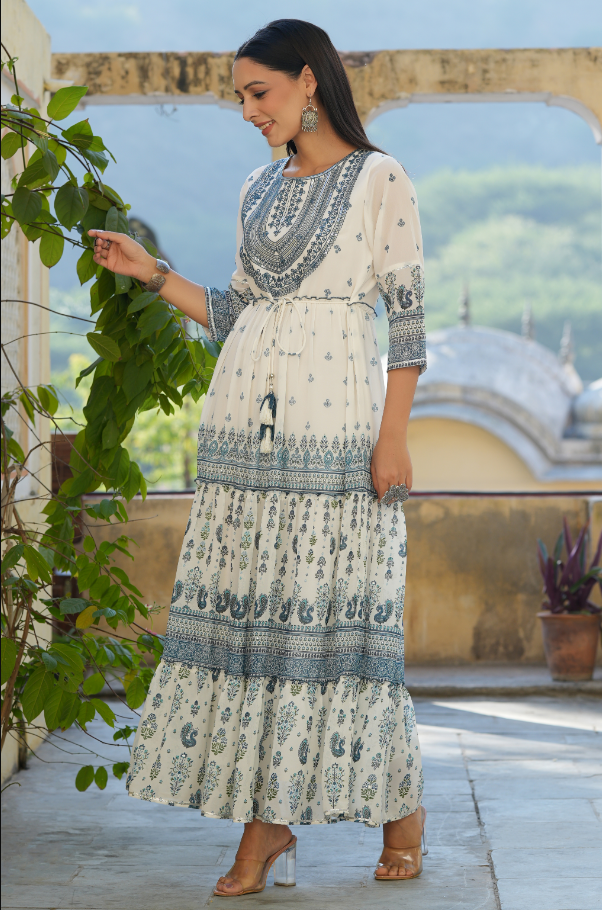 Women's Off-White Georgette Printed Embroidered Flared Dress