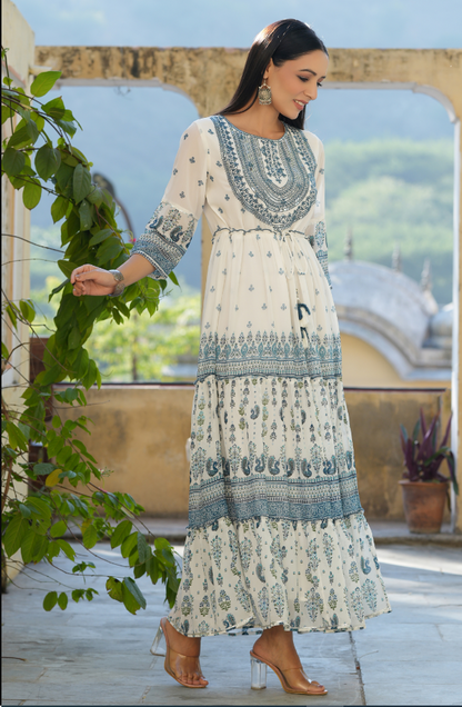 Women's Off-White Georgette Printed Embroidered Flared Dress
