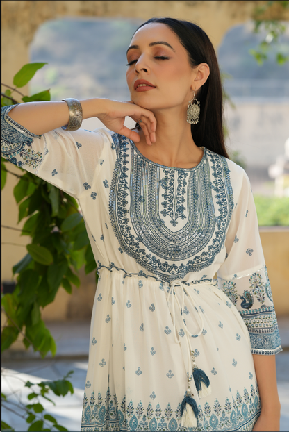 Women's Off-White Georgette Printed Embroidered Flared Dress