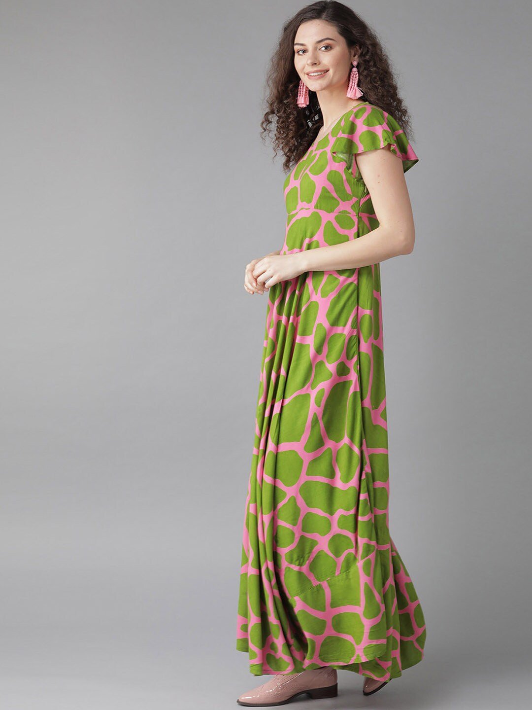 Women's  Green And Pink Printed Maxi Dress