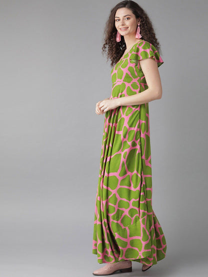 Women's  Green And Pink Printed Maxi Dress