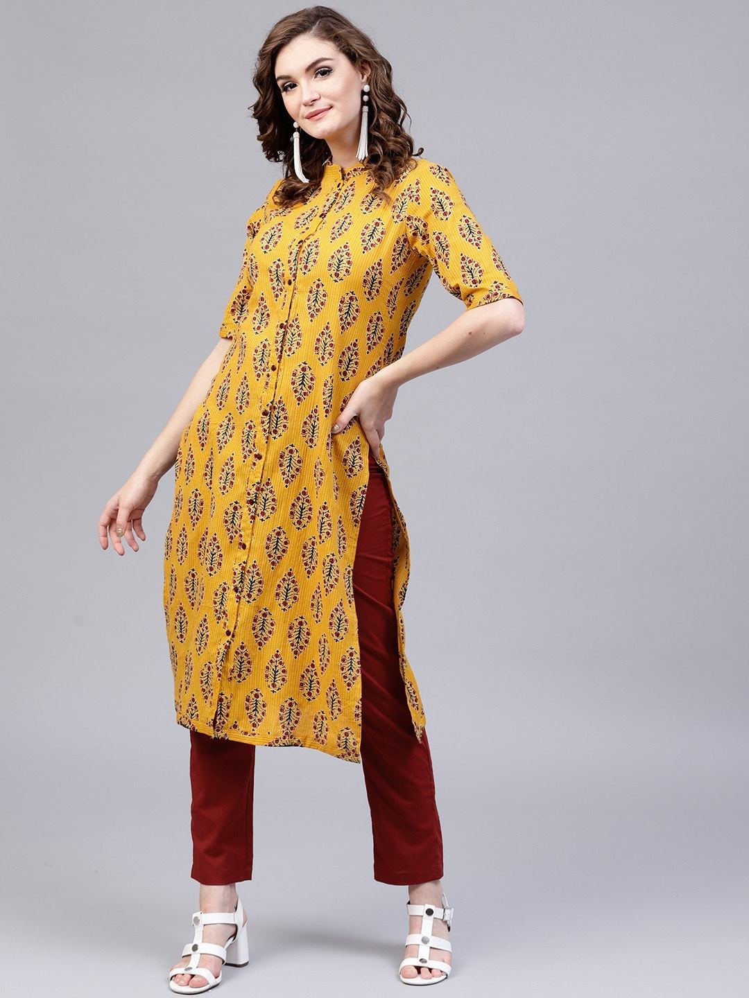 Women's  Yellow & Maroon Printed Kantha Work Kurta with Trousers