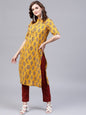 Women's  Yellow & Maroon Printed Kantha Work Kurta with Trousers