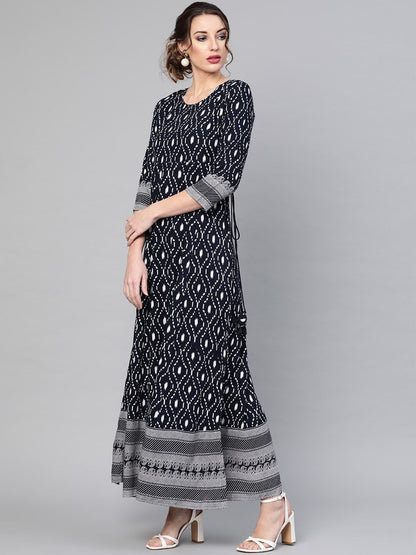 Women's  Navy Blue & White Printed Maxi Dress