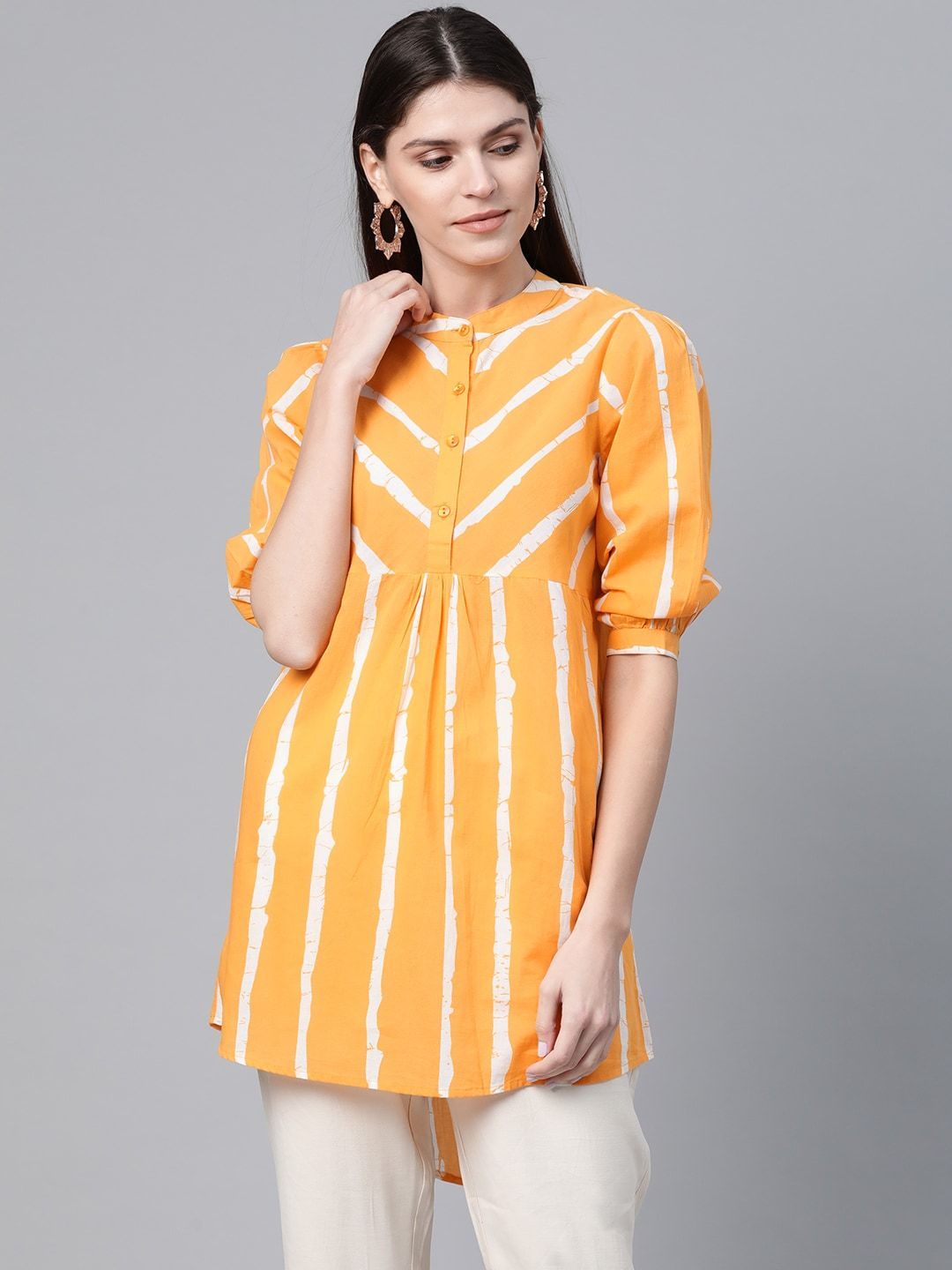 Women's  Mustard Yellow & White Striped High-Low Top