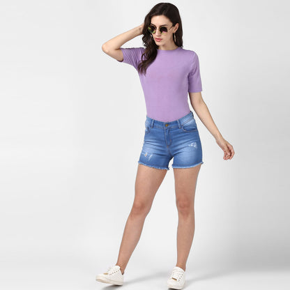Women's Denim Blue Ripped Shorts