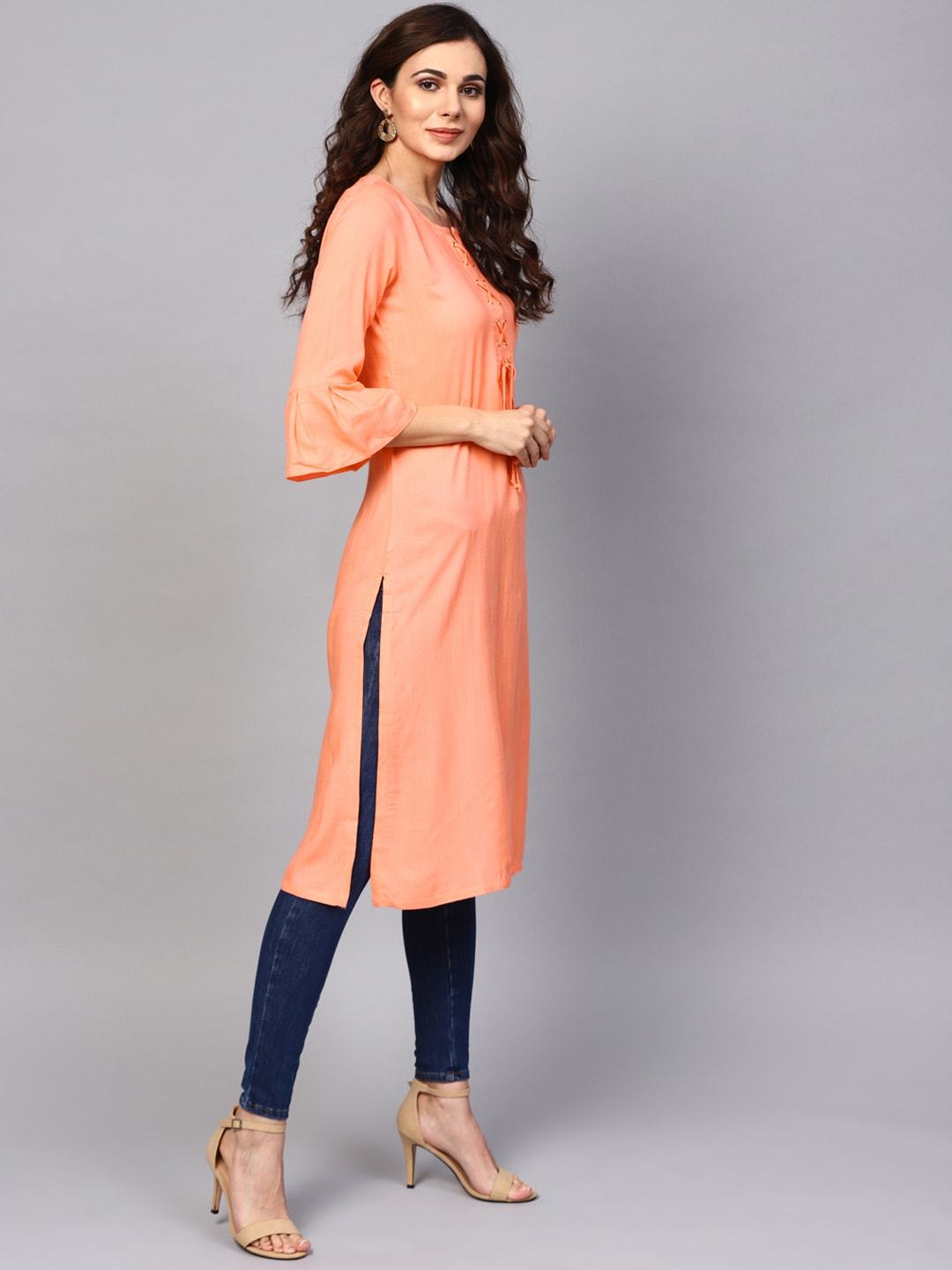 Women's  Coral Pink Solid Straight Kurta