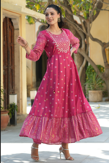 Women's Fuchsia Mono Viscose Printed  With Embroidery Flared Dress