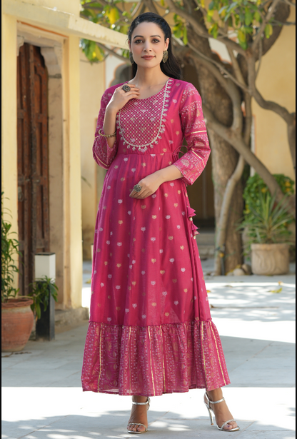 Women's Fuchsia Mono Viscose Printed  With Embroidery Flared Dress