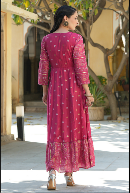 Women's Fuchsia Mono Viscose Printed  With Embroidery Flared Dress