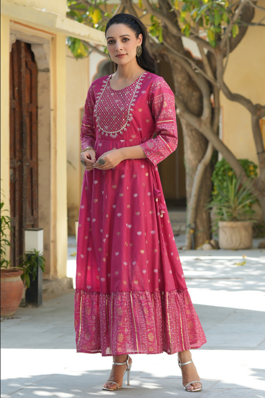 Women's Fuchsia Mono Viscose Printed  With Embroidery Flared Dress