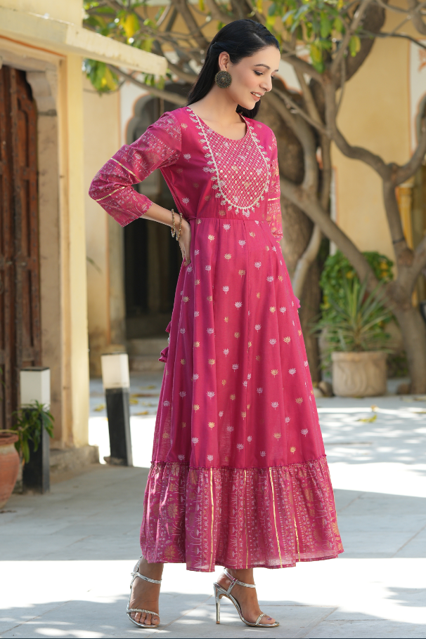Women's Fuchsia Mono Viscose Printed  With Embroidery Flared Dress