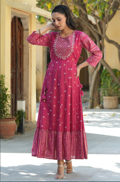 Women's Fuchsia Mono Viscose Printed  With Embroidery Flared Dress