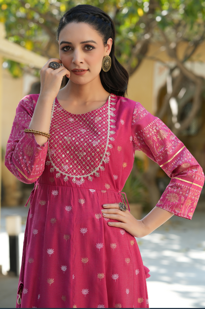 Women's Fuchsia Mono Viscose Printed  With Embroidery Flared Dress