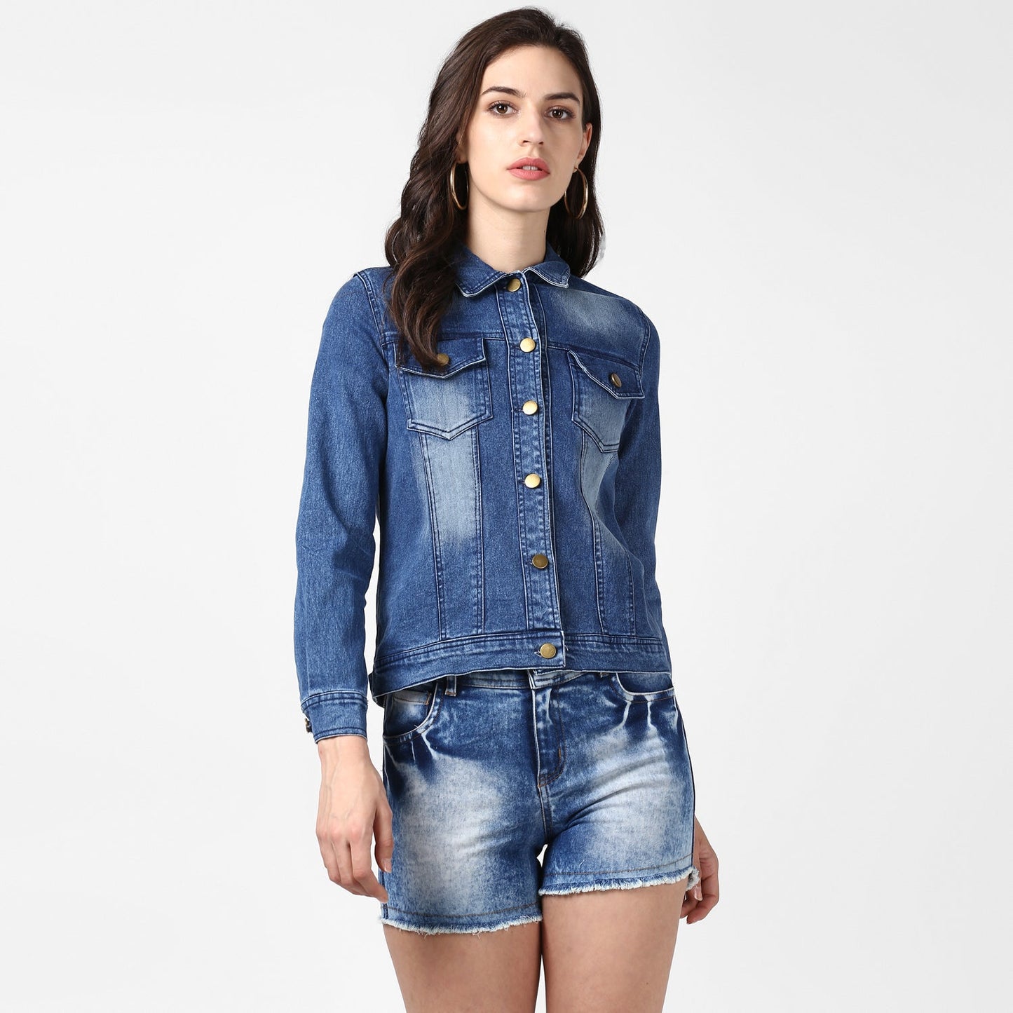 Women's Blue Denim Jacket with Washed effect