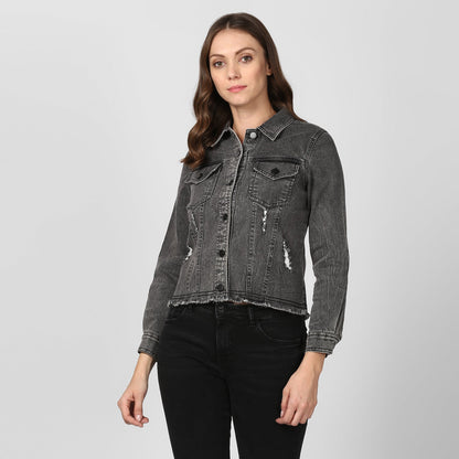 Women's Black Denim Distressed Jacket