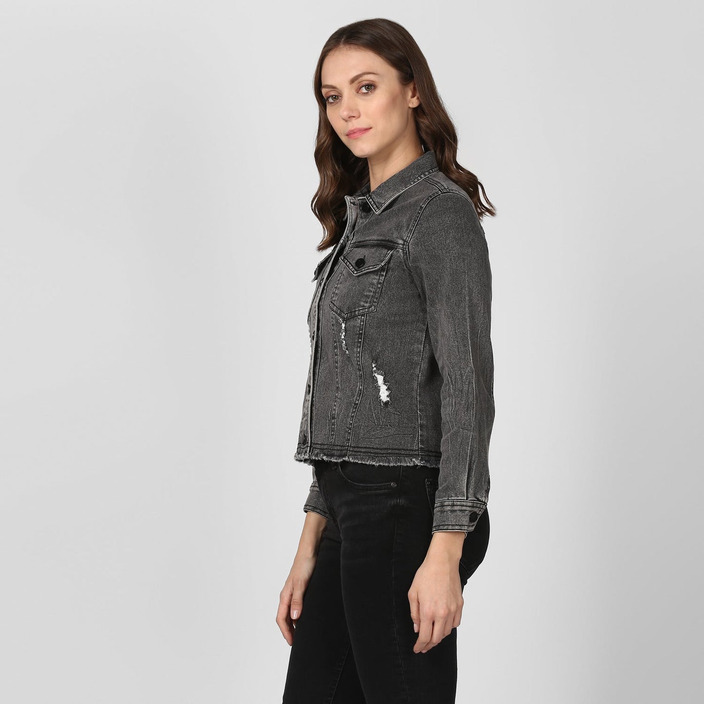 Women's Black Denim Distressed Jacket