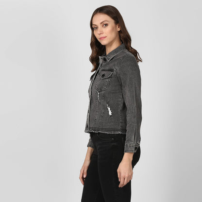 Women's Black Denim Distressed Jacket