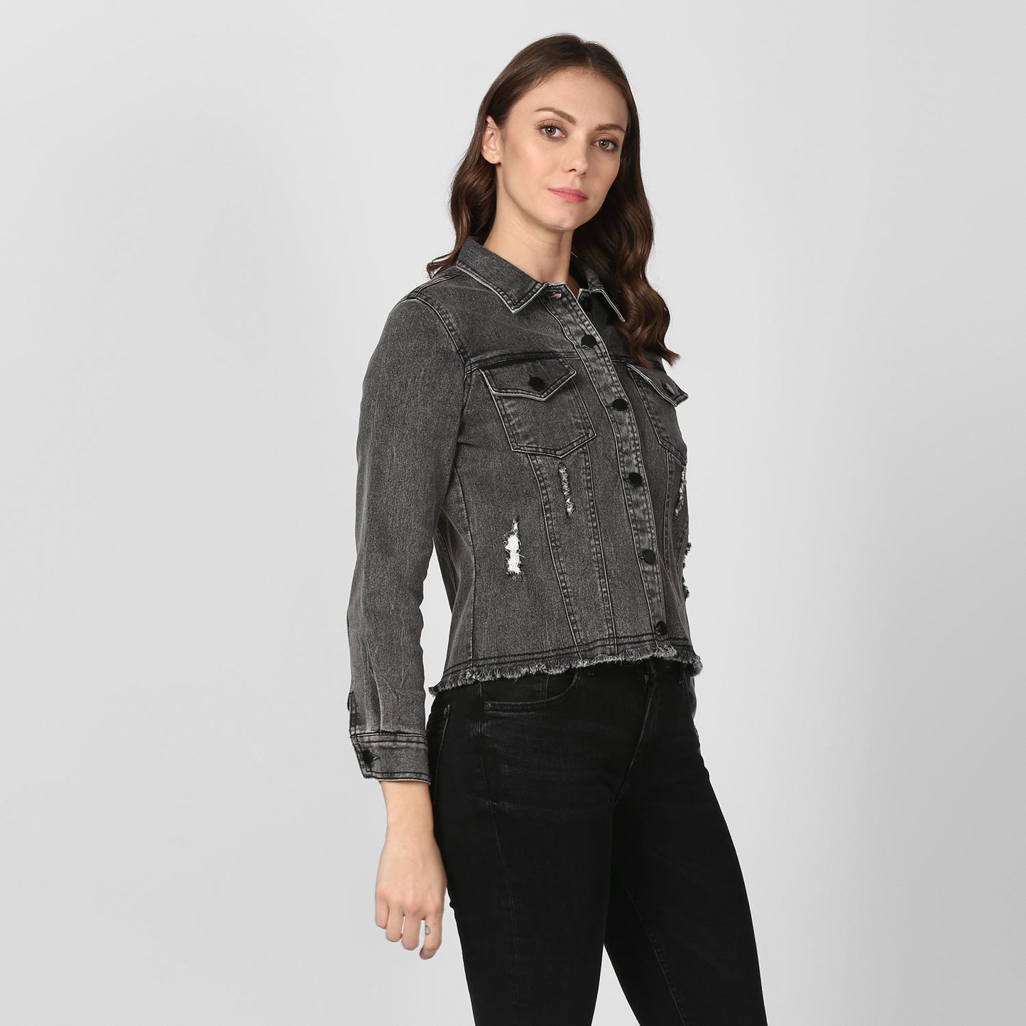 Women's Black Denim Distressed Jacket