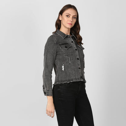 Women's Black Denim Distressed Jacket