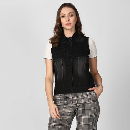 Women's Black Denim Sleeveless Jacket with Washed effect