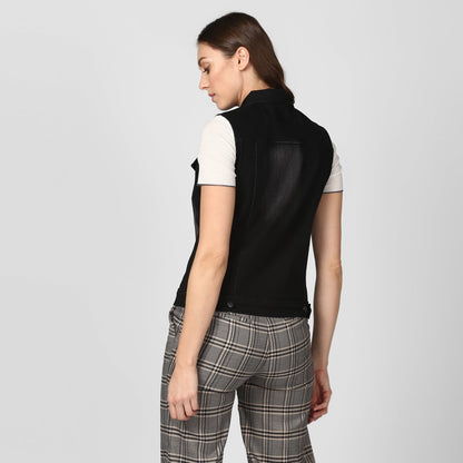 Women's Black Denim Sleeveless Jacket with Washed effect