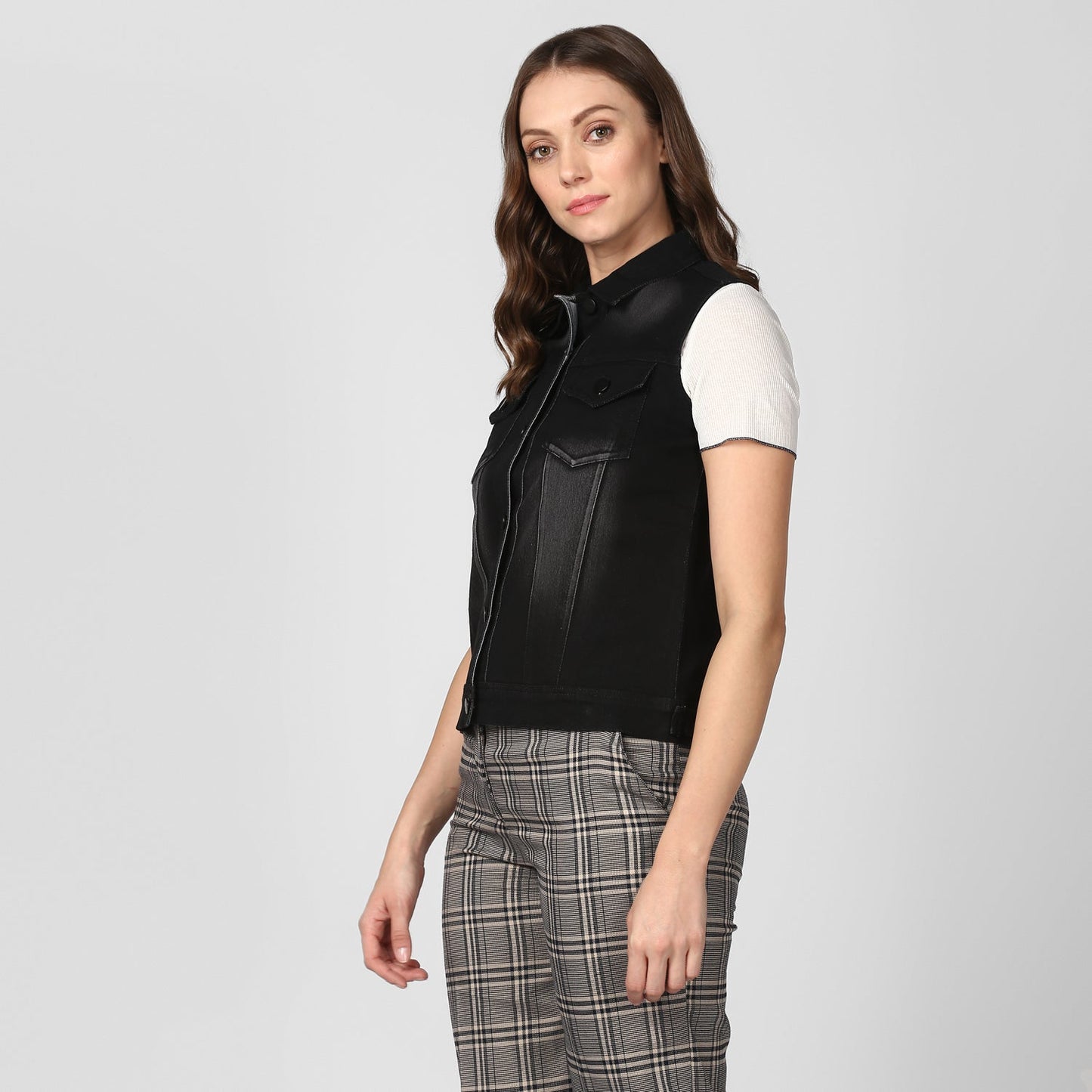 Women's Black Denim Sleeveless Jacket with Washed effect