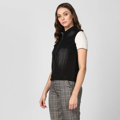 Women's Black Denim Sleeveless Jacket with Washed effect