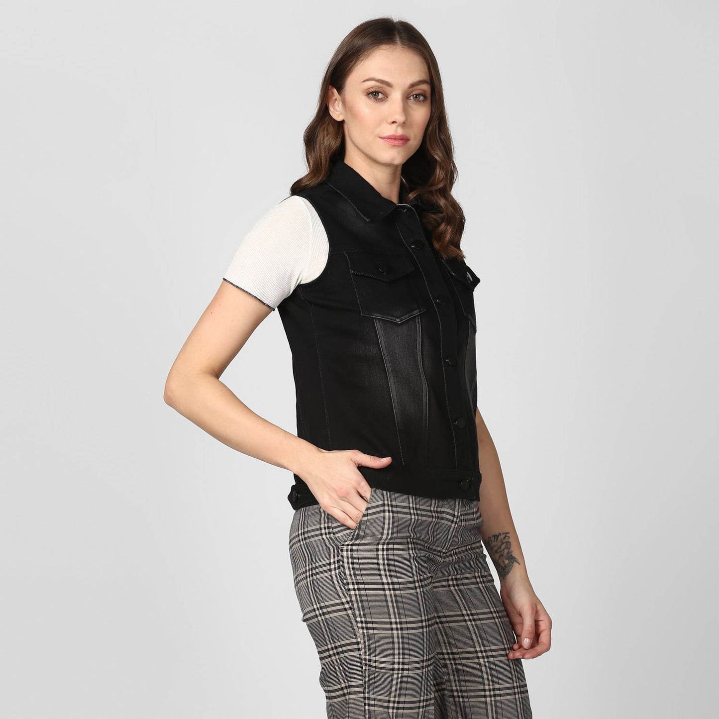 Women's Black Denim Sleeveless Jacket with Washed effect