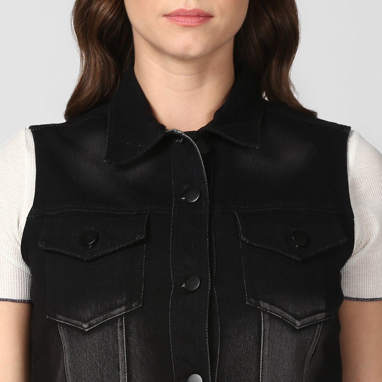 Women's Black Denim Sleeveless Jacket with Washed effect