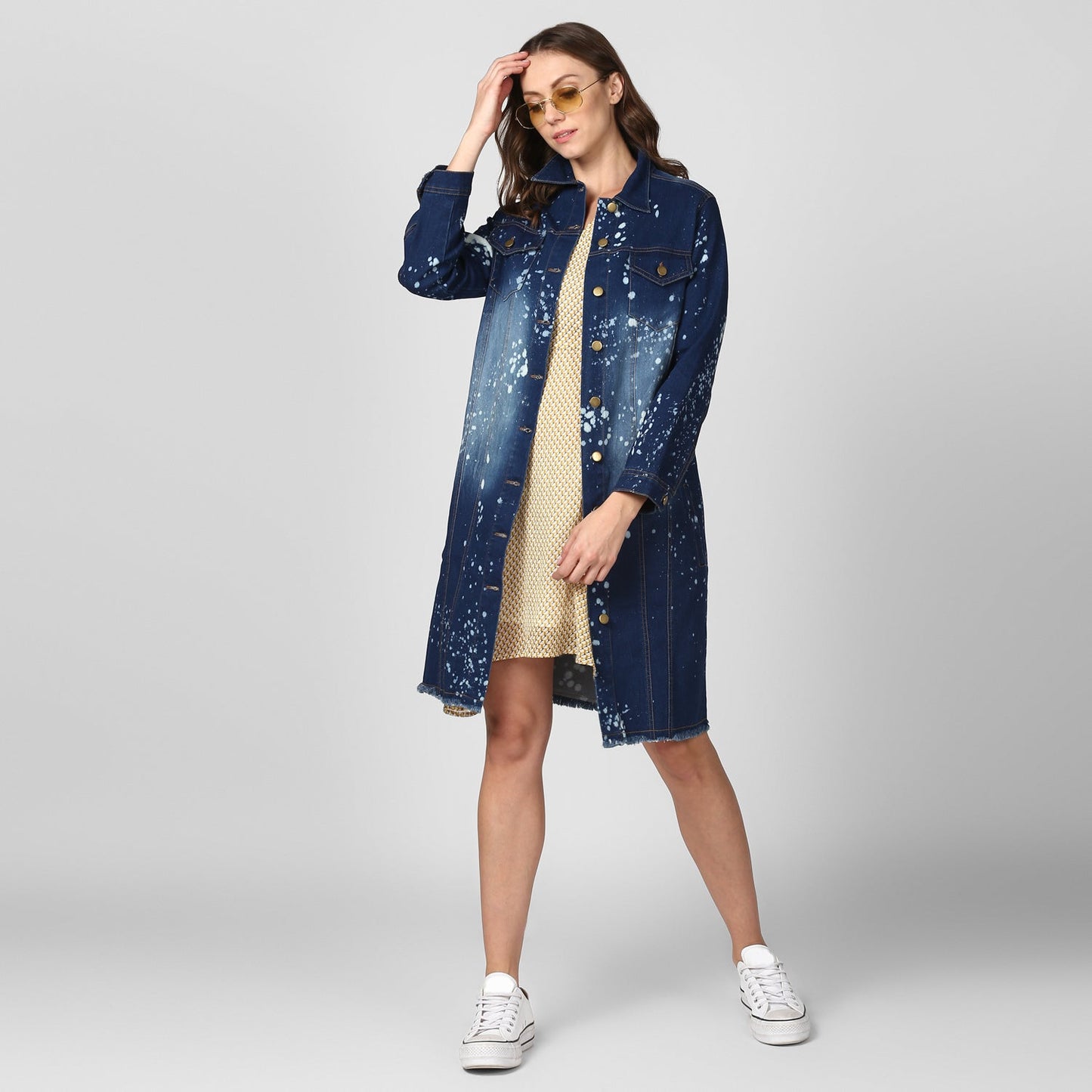 Women's Long Overcoat Style Denim Jacket with Splash effect