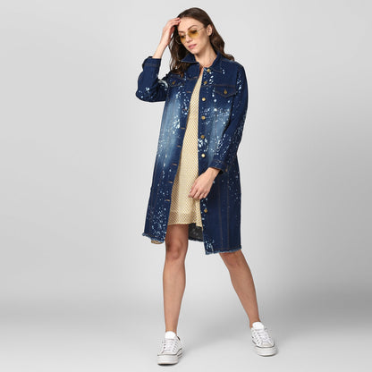 Women's Long Overcoat Style Denim Jacket with Splash effect