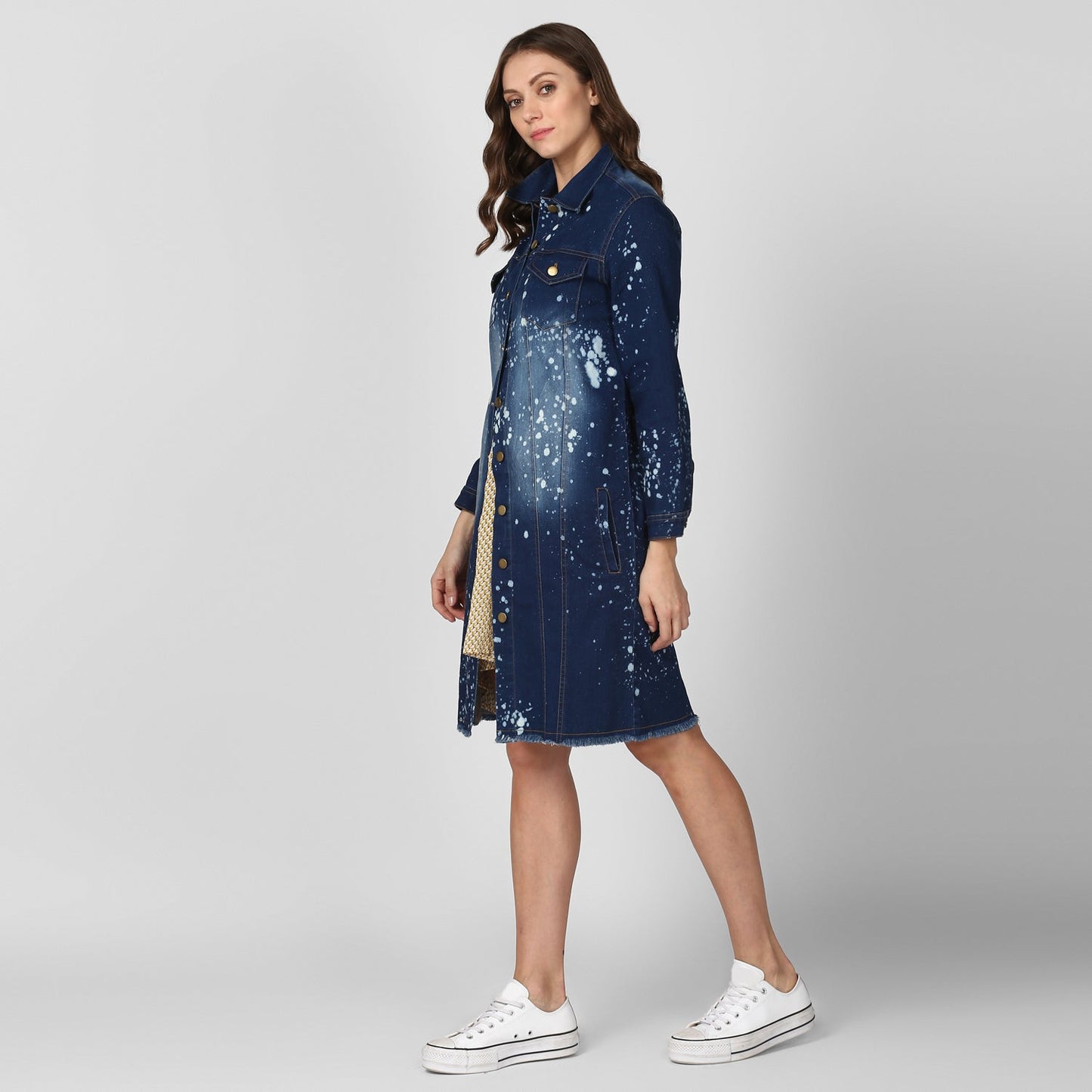 Women's Long Overcoat Style Denim Jacket with Splash effect