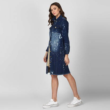 Women's Long Overcoat Style Denim Jacket with Splash effect